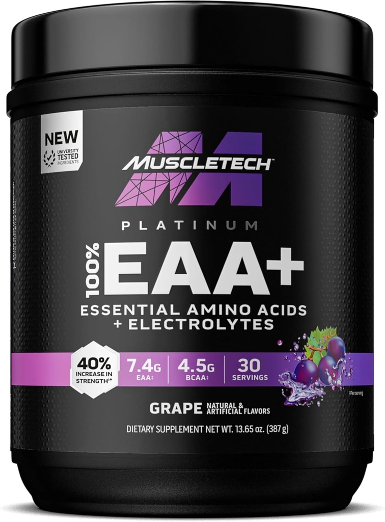 MuscleTech Platinum Essential Amino Acids Supliment cu Electroliti, Struguri - Pre-Workout pulbere pentru energie, Constructor de crestere si forta musculara - EAA Complex pentru barbati si femei - 30 Serviri