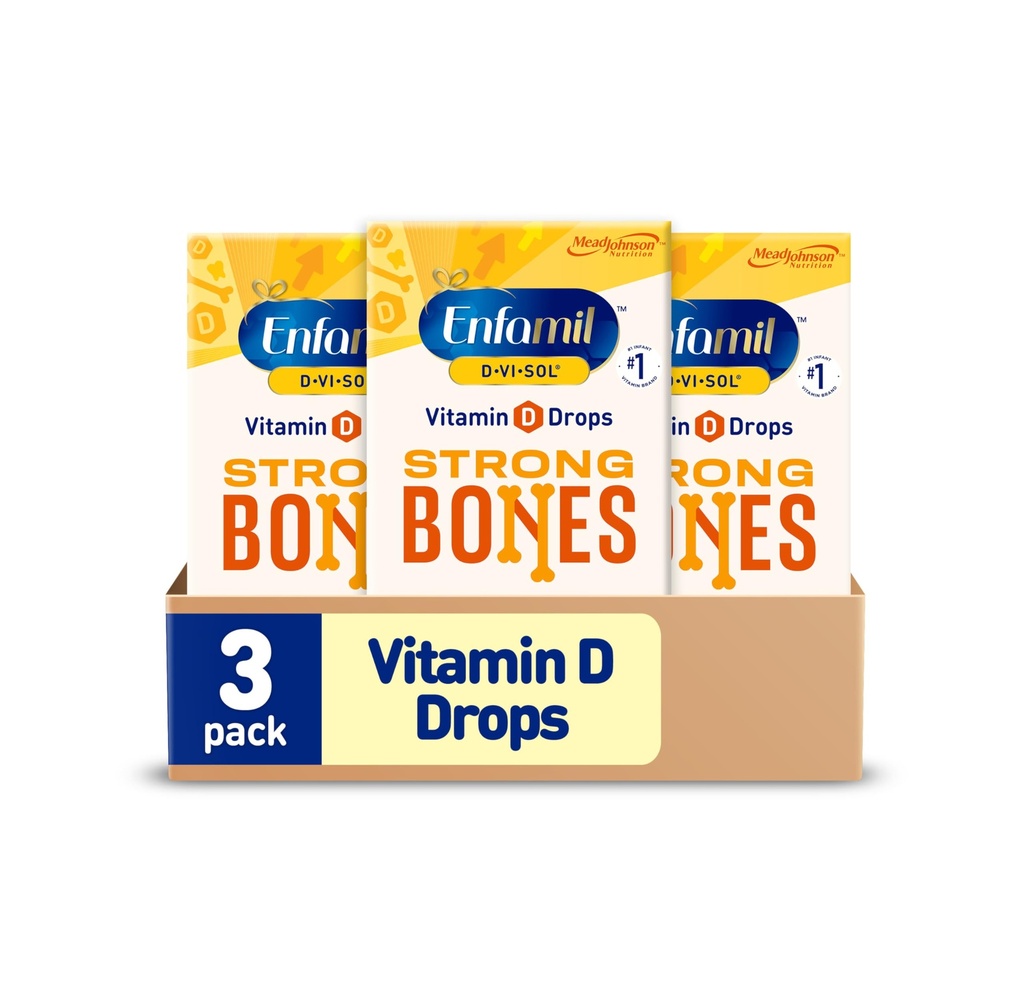 Enfamil Baby Vitamina D-Vi-Sol Vitamina D Supliment lichid picături pentru sugari, susținerea dinți și oase puternice la nou-născuți copii, ușor de utilizat, Gluten-Free, 50 ml flacon picurător, ambalaj de 3 ml