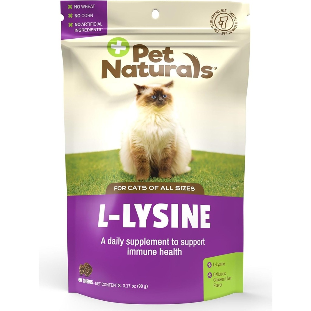 Pet Naturals Lysine pentru pisici, aroma de pui, 60 Chews - Suport imunitar și respirator pentru pisici - Fără grâu sau porumb - Vet recomandat