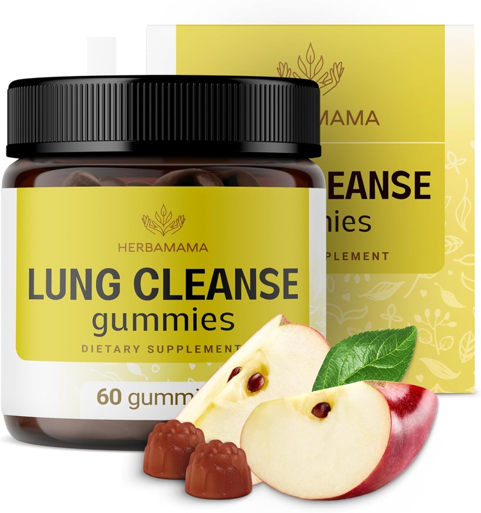 HERBAMAMA Lung Detoxifiere Gummies - Complex de plante cu amestec de ciuperci pentru Lung Cleanse - Supliment de suport respirator Vegan, Non-GMO - 60 Pectin-Based Apple-Flavored Chews