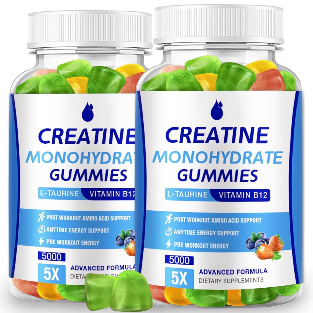 Creatin Monohidrat Gummies 5000mg Creatina pentru femei si barbati 2 Packs, Creatin Monohidrat Chew pentru Boost Focus, Musculare Putere, 5g Creatina Monohidrat per Servire, Zahăr gratuit, Vegan
