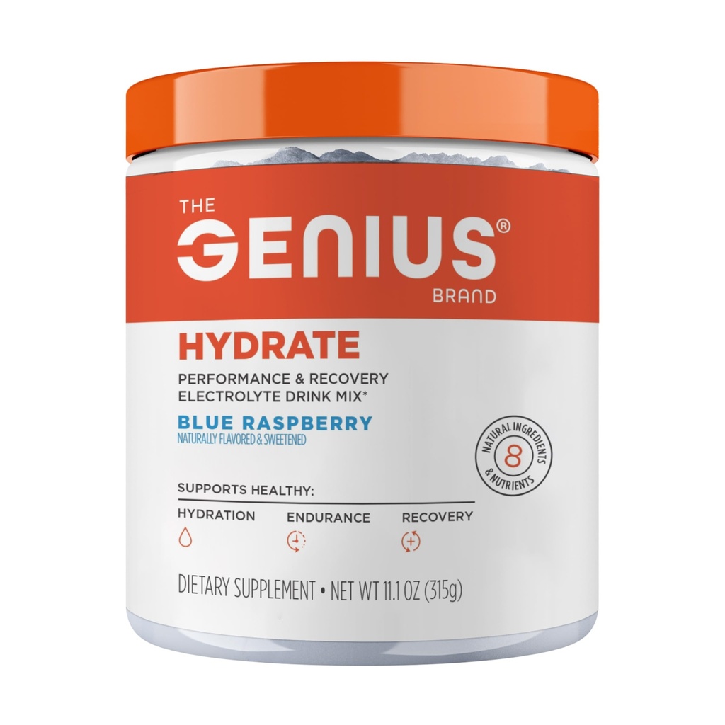 Genius Brand Hydrate - Electrolit Supliment pentru hidratare zilnica - Apa de cocos - Zahar-Free - 8 Minerale esentiale & Nutrients - Non-GMO - Zmeura albastra - 50 Serviri