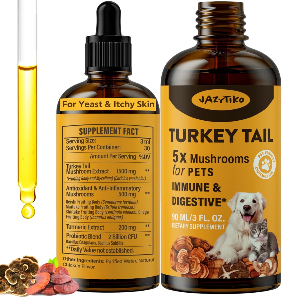 Turcia coada ciuperci pentru câini - absorbţie mai rapidă 2000mg Turcia coada ciuperci pentru imune şi digestive, comun, energie, 5X ciuperci pentru animale de companie picătură cu Turmeric & Probiotic - Vet Formulated, 90 ML/3FL.oz