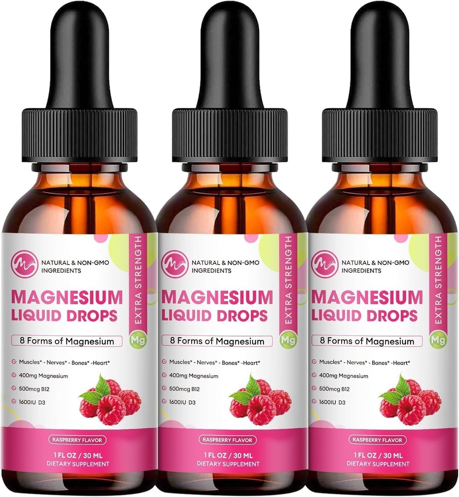 (3 ambalaj) Picături lichide de magneziu - 8 în 1 Complex de magneziu Supliment cu glicinat de magneziu, Citrate, Malate, Taurate, pentru creier, noapte, musculare, os, cramps, aroma de zmeură
