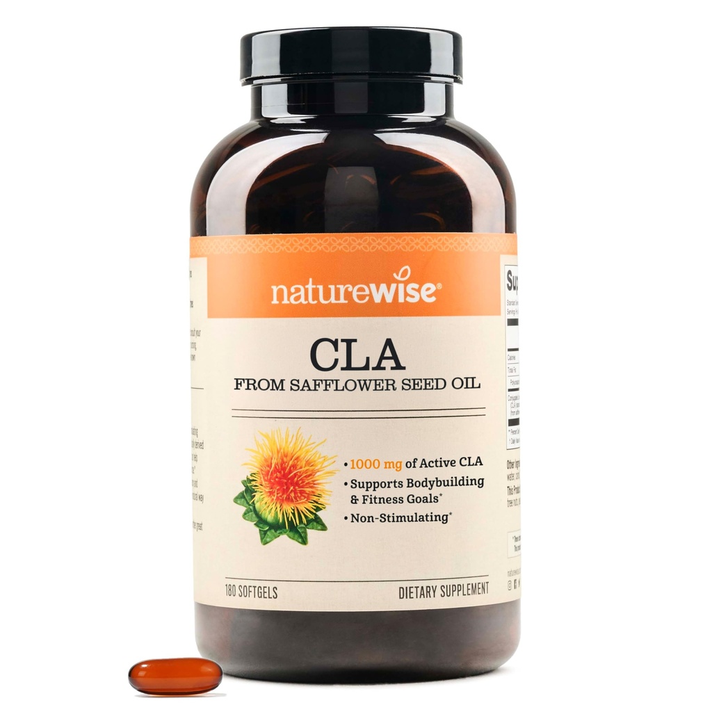 NatureWise CLA 1250 - Conjugat Acid Linoleic Supliment pentru femei și bărbați, Nu Stimularea, Sprijină Greutate Sanatos, Obiective de Fitness - Non-GMO, Gluten Free - 180 Softgels[2-Month Supply]