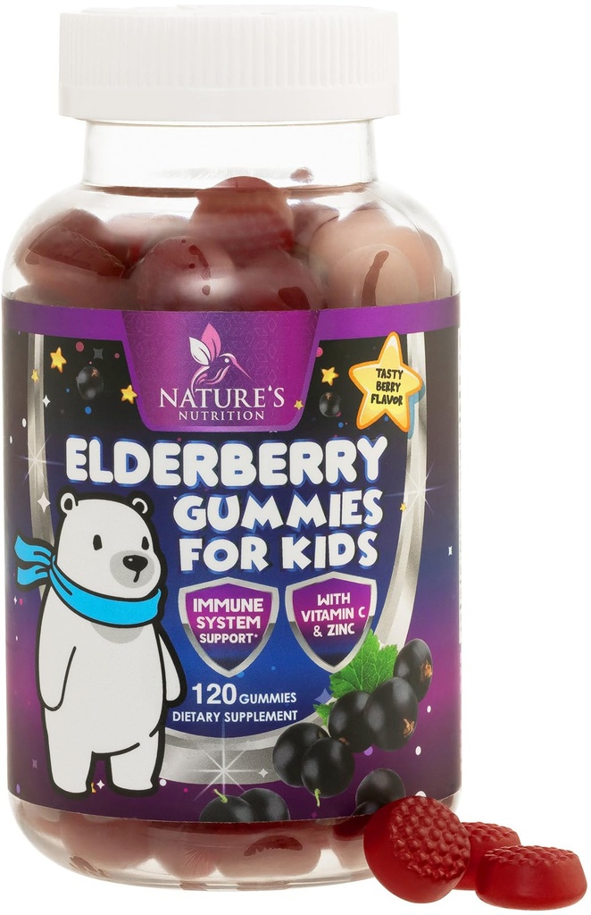 Copii Suport ImunÄ Gumiile Elderberry - Vitamine pentru copii de zi cu zi C, Zinc & copii Suport pentru imunitate Gummy - Nature's Sambucus Supplement Elderberry, Vegan, Gluten-Free, Aroma Berry gustoase - 120 Gummes
