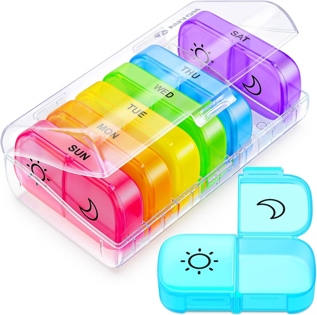 Auvon XL Weekly Pill Organizator 2 ori pe zi cu deschidere mare pentru umplere ușoară, AM PM Pilula cutie 7 zile în Culori curcubeu, Portable Travel Pill Case pentru medicamente, vitamine, uleiuri de pește, suplimente