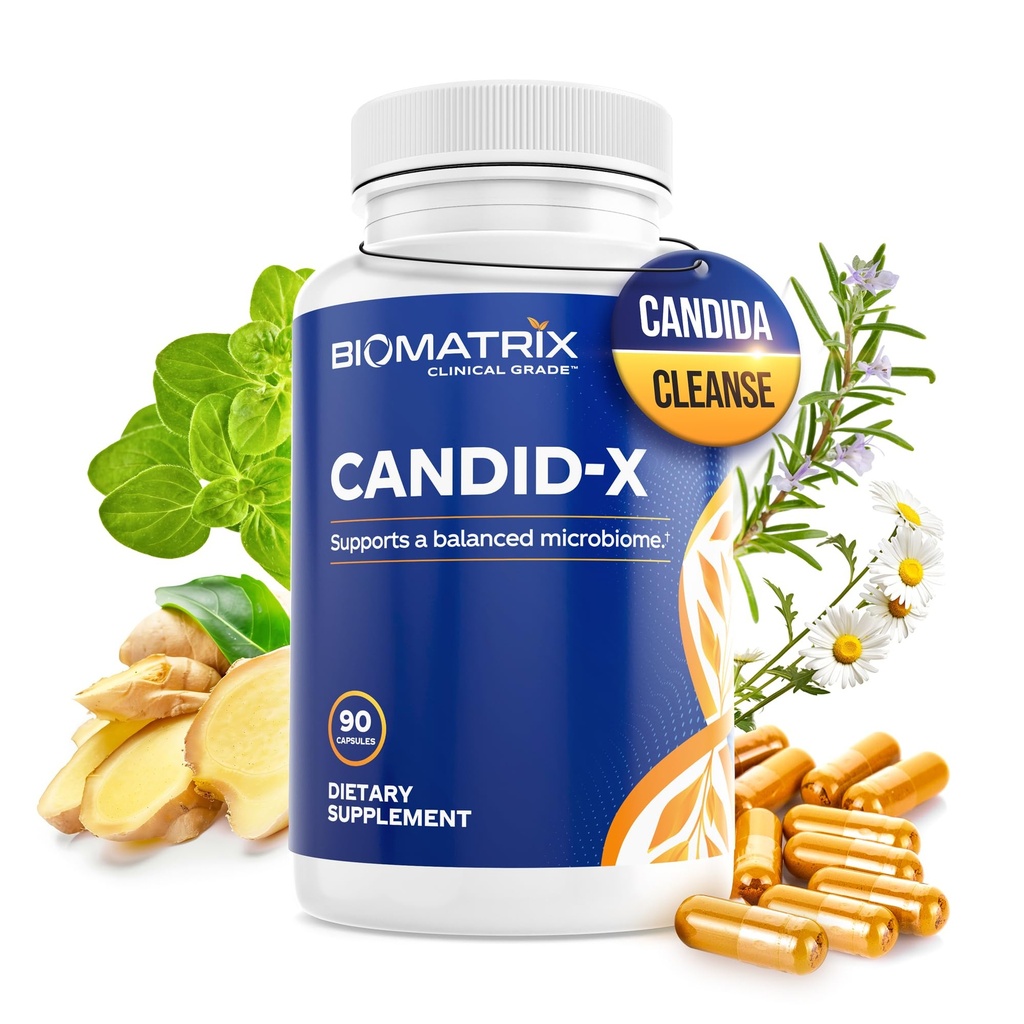 BioMatrix Candid-X Gut Cleanse cu Berberine, Oregano, Caprilat de sodiu, Mușețel, Ghimbir, PAU D'arco, Supliment digestiv pentru bărbați și femei 90 Capsule
