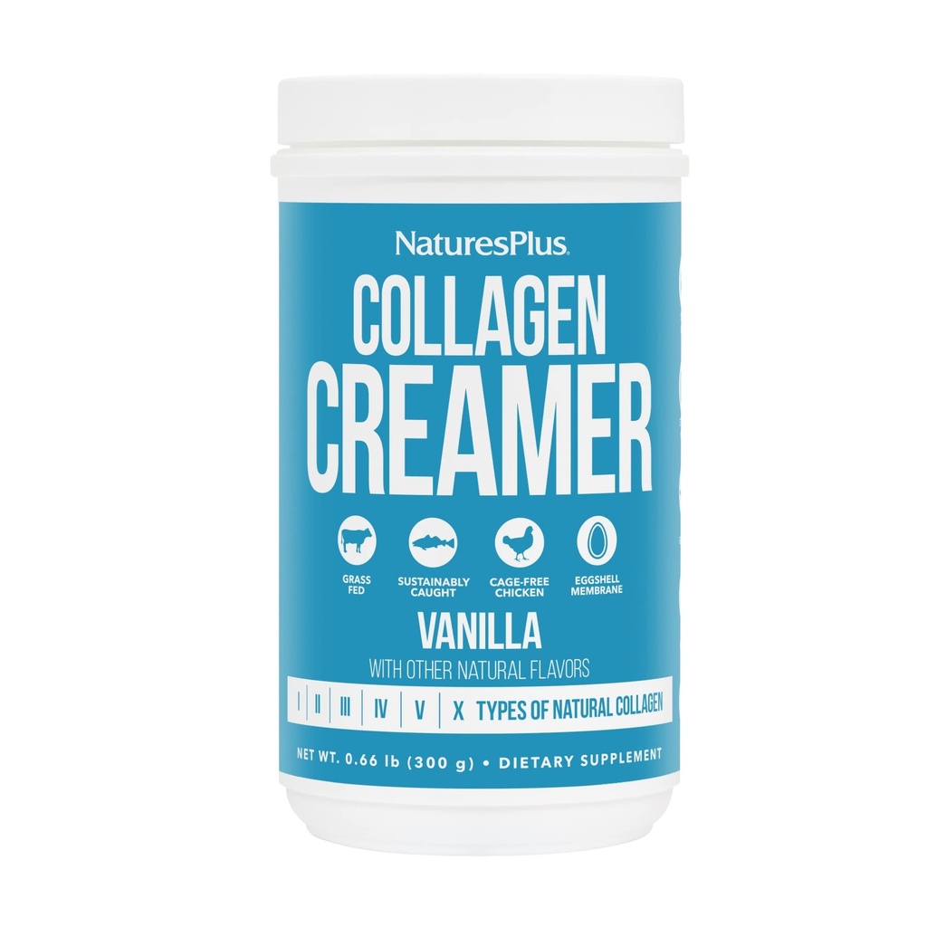 NaturesPlus Colagen Creamer, Vanilie - 0.66 lb Pulbere - Păr, Piele, unghii și sănătate comună, Suport sistem imunitar - non-GMO, Gluten gratuit - 12 Serviri