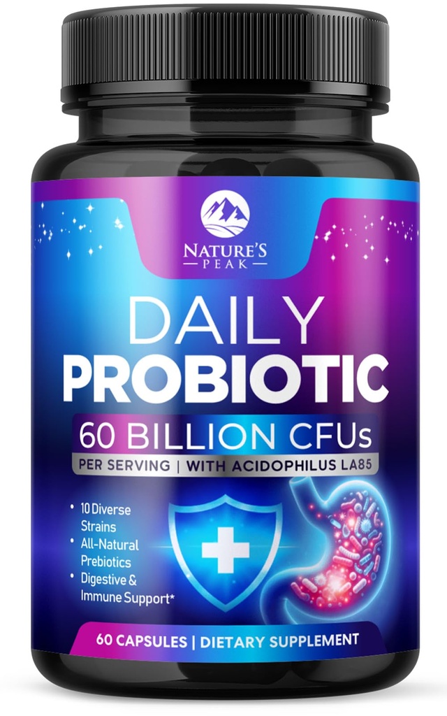 Probiotice 60 miliarde CFU - 10 tulpini + enzime digestive și prebiotice - cele mai bune probiotice pentru femei și bărbați, susține imune, sanatate guta, constipație ocazională, diaree, gaz și balonare - 60 capsule