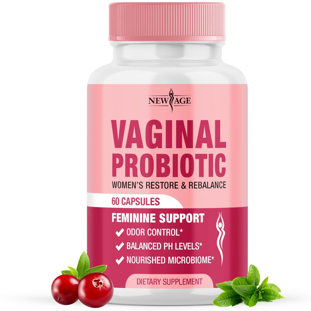 NOU AGE Probiotice vaginale pentru femei cu prebiotice, extract de cranberry, și un Lactobacillus Probiotic Blend, susține echilibrul pH-ului sănătos, Odor Control, Flora vaginale - 60 capsule