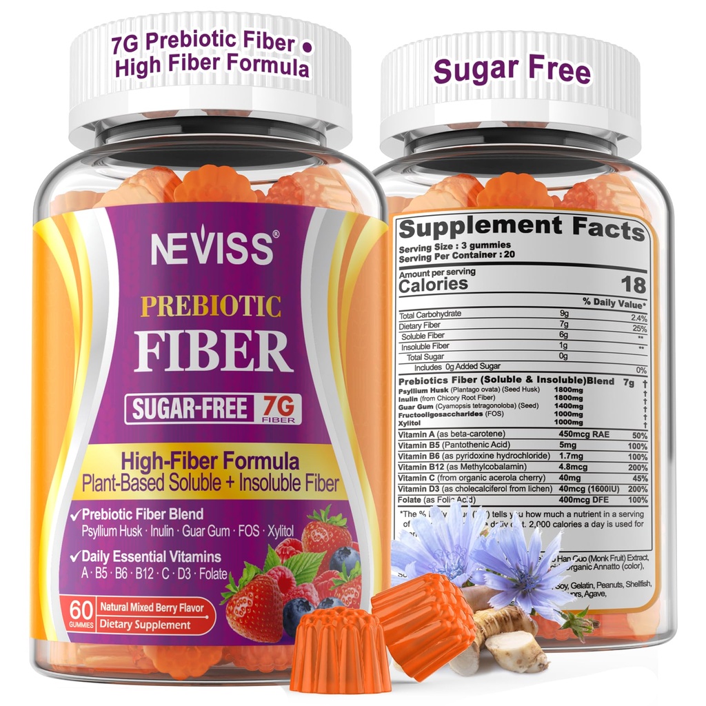 1Pack Fiber Gummies pentru adulți cu Psyllium Husk, 7G (Soluble + Insolubil) Fibră prebiotică zilnică cu Inulin, FOS, Gum guar, Multivitamine pentru Sănătate Digestivă zilnică, Suport Gut Regularitate,Sugar gratuit