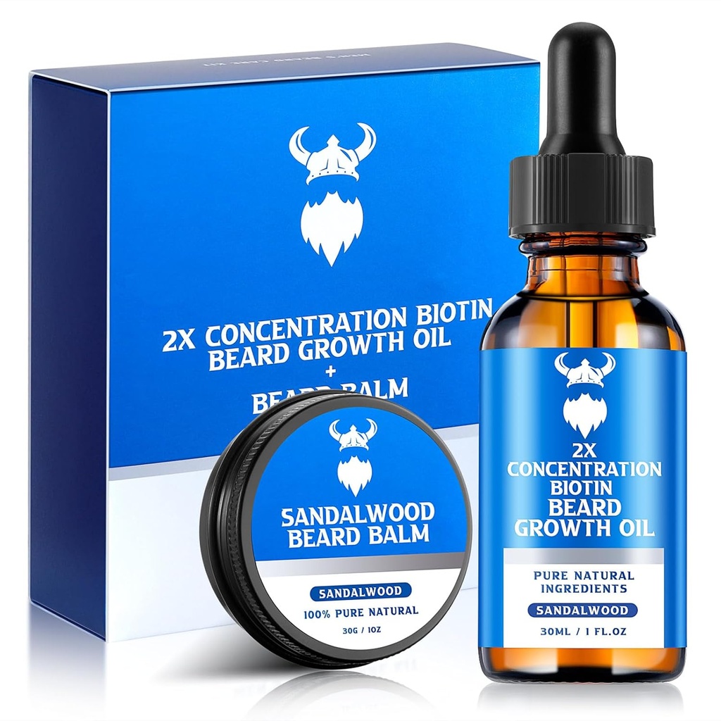Barbă ulei de creștere și bărbos Balsam - Kit de creștere barbă cu 2X Biotina concentrare pentru bărbați, ingrediente naturale cu ulei de argan, ulei de jojoba și vitamina (Sandalwood)