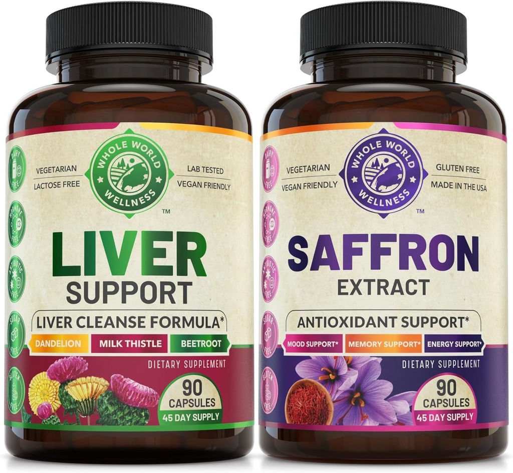 Ficat Cleanse Detoxifiere Formula și Pure Saffron Extract Bundle (O sticlă fiecare). Susţine sănătatea ficatului, stimularea energiei, dispoziţie, funcţie metabolică. USA Made.