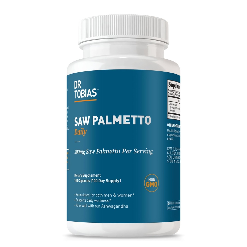 Dr. Tobias Saw Palmetto Supliment, Sustine sanatatea urinara, Echilibrul hormonal, Sănătatea prostată, & Vitalitatea părului, Saw Palmetto pentru bărbați și femei, 500 mg Per Servire - 100 capsule, 100 Serviri