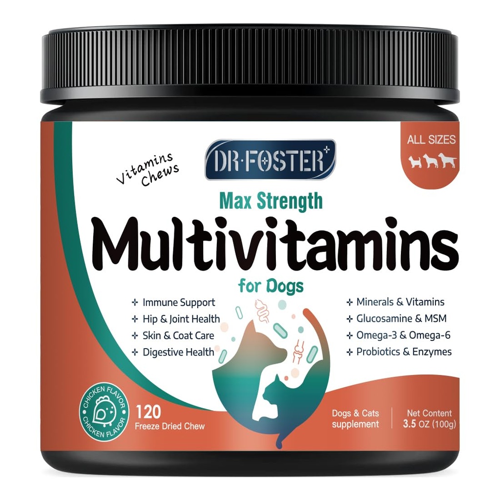 Câine Multivitamine cu Glucosamină, Omega 3, Minerale, Probiotice și Enzime, Vitamine de câine și Suplimente pentru articulații, Skin & Coat Care, Digestive și Sănătate imună, Aroma de pui - 120 Chews