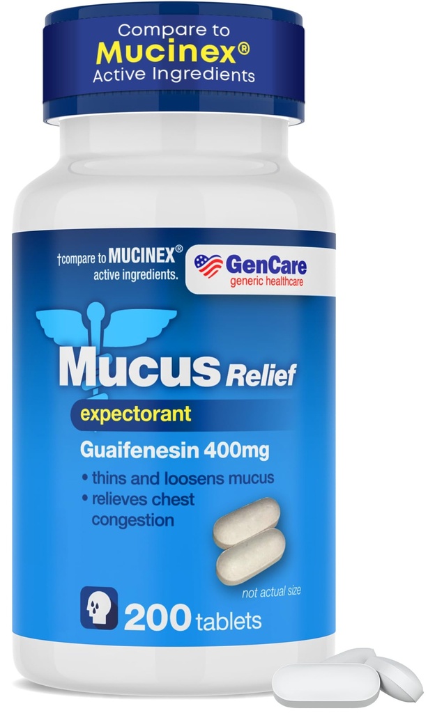 GenCare Mucus Relief Expectorant Guaifensin 400 mg 200 Tablets Value Pack - Acţionarea rapidă a mucusului pentru răceli, congestie toracică, gripă, tuse şi alergii