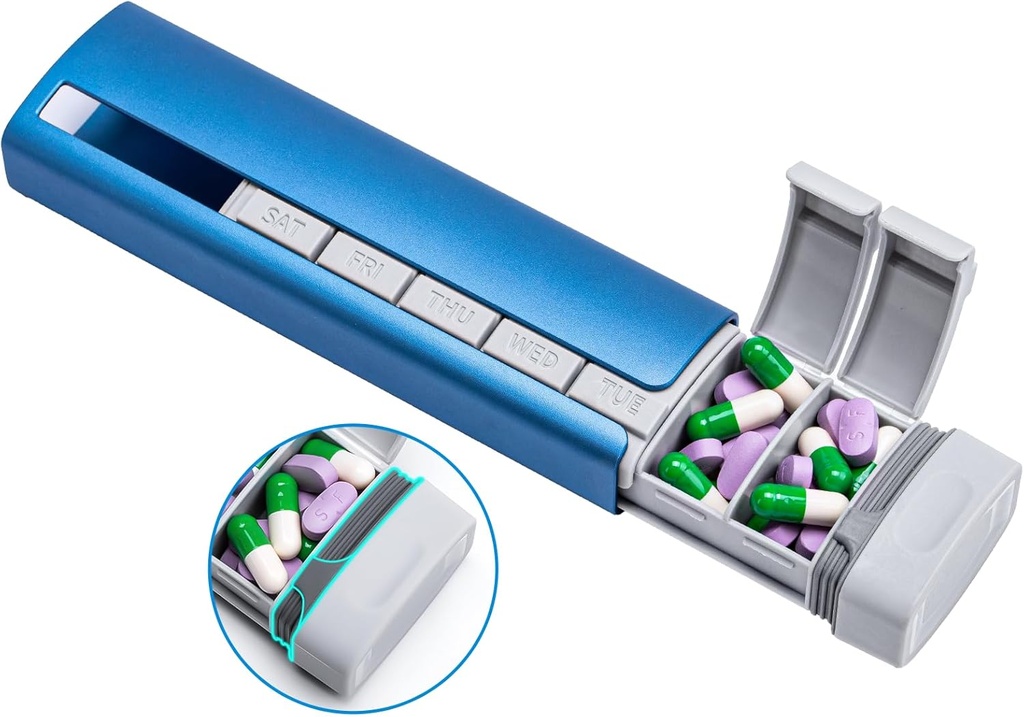 Daviky Metal Travel Pill Organizator, Premium Aluminum Pilula 7 zi, Weekly Daily Pill Case, Stylish & Cute Pilula Deţinătorul pentru Medicamente, Suplimente şi Vitamine (Blue+Gray)