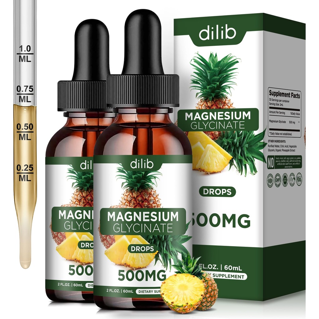 (2 ambalaj) Magneziu Glicinat Supliment, lichid de magneziu Glicinat Picături lichide 500mg-Suport Stres Relief, Relaxare, Mood, Somn, Bone & Muscle-4 Fl Oz, Vegan, Ananas Flavor