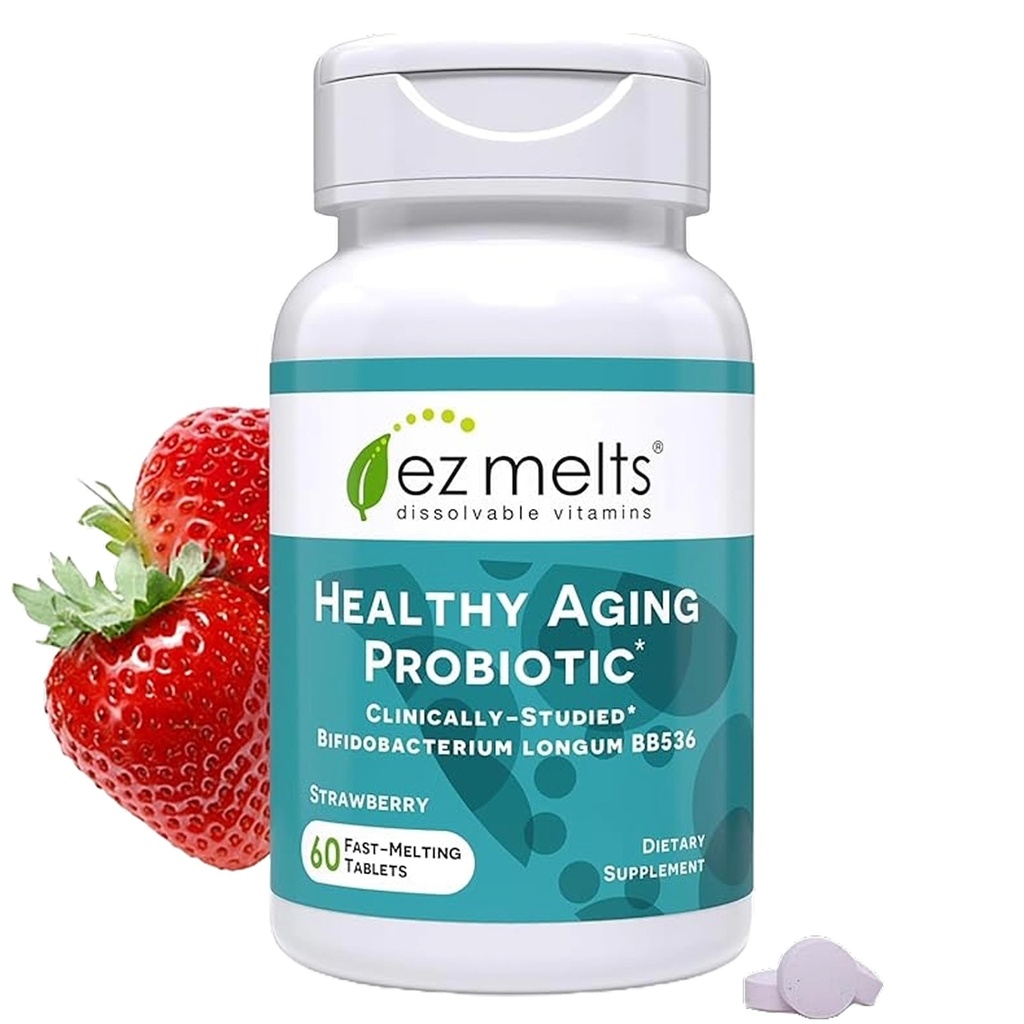 EZ Melts Dizolvabil de imbatranire sanatoasa Probiotic, Bifidobacterium Longum BB536 (2 miliarde CFU), Sugar-Free, Probiotice pentru femei si barbati 50+, aprovizionare 2-Month - 1 ambalaj