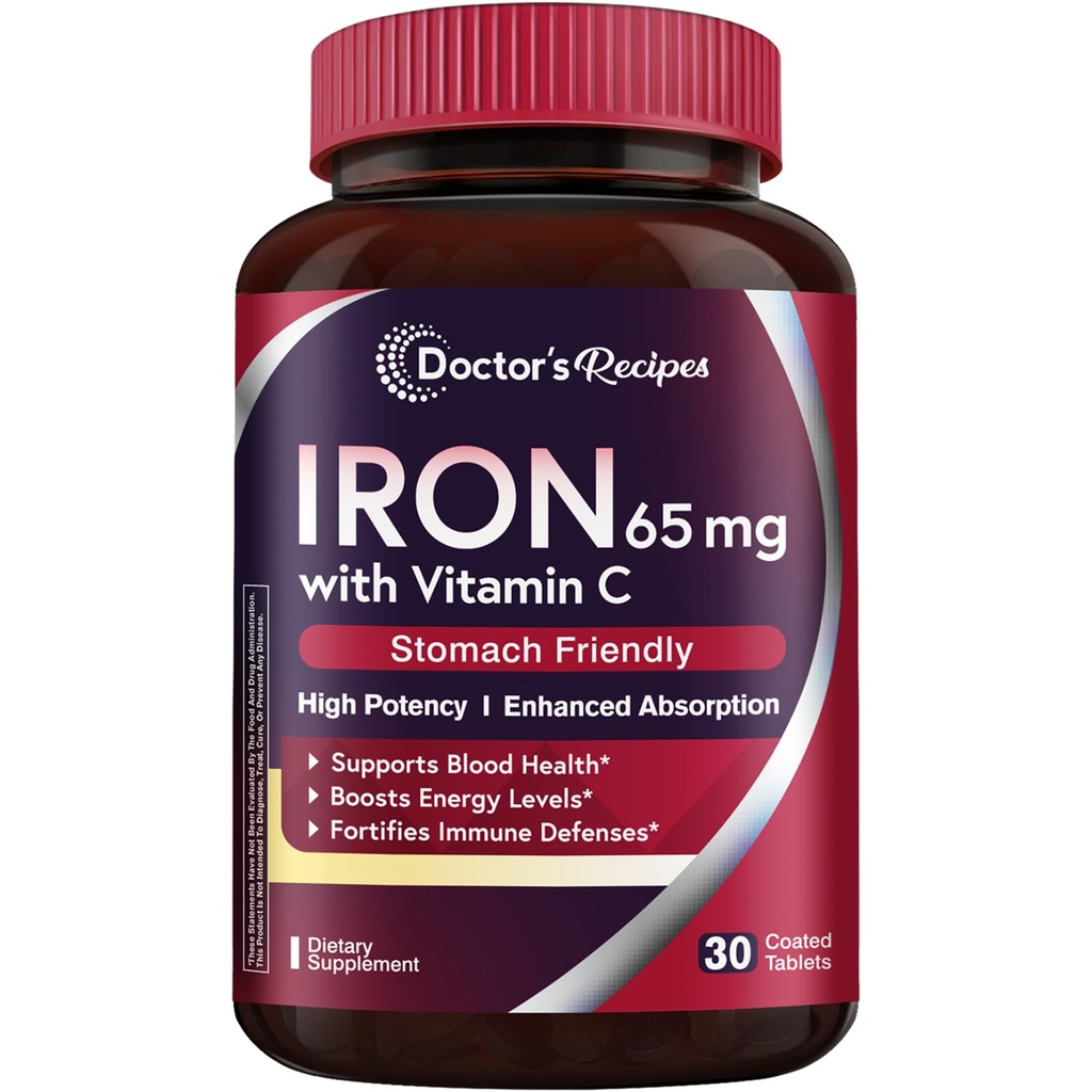 Medicului Rețete Supliment de fier 65 mg cu vitamina C - Absorbție Maximizată & Stomac Pastile de fier pentru formarea de celule roșii de sânge, inimă, creier și imunitate Sănătate - Vegan non-GMO 30 Tablete de fier