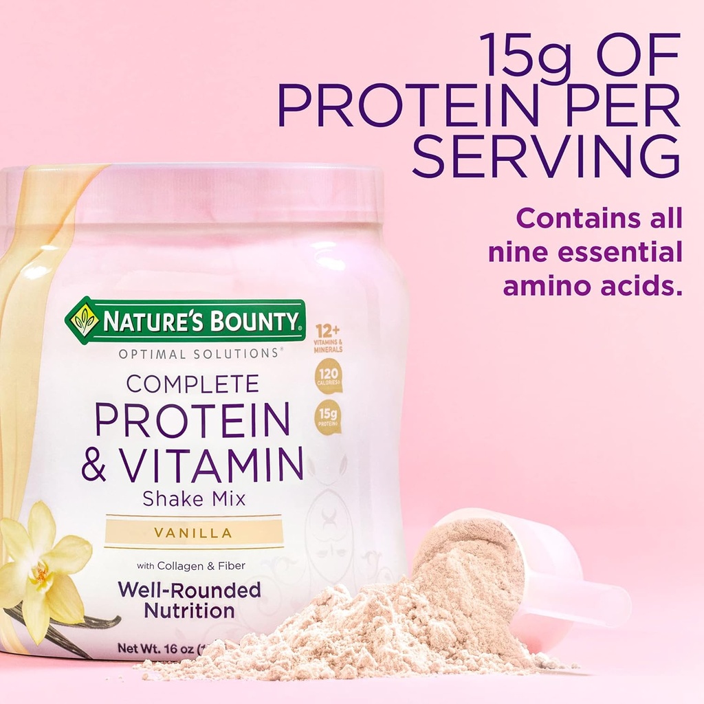 Natura's Bounty Complete Proteine & Vitamine Shake Mix cu Colagen & Fiber, Conține vitamina C pentru sănătatea imună, Vanilla Flavored,1 Pound (Pachet de 2)