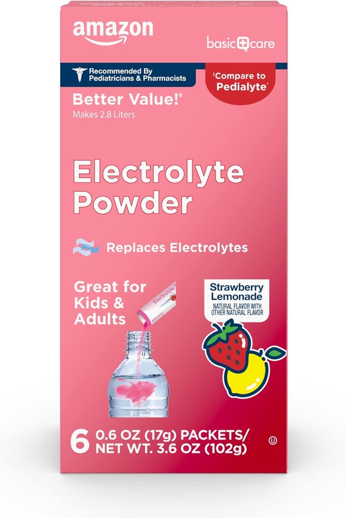 Îngrijire de bază Pachete de pulbere Electrolit, Lemonade căpșuni, 6 Conte (Pachet de 1)