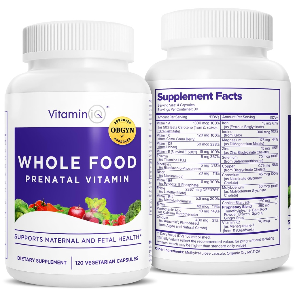 Alimente întregi Vitamine prenatale (120 capsule) Suport natural pentru sanatatea materna si fetala, Multivitamine prenatale pentru femei cu colina, B vitamine si mai mult, Vegan, Nu soia, Gluten sau lactate