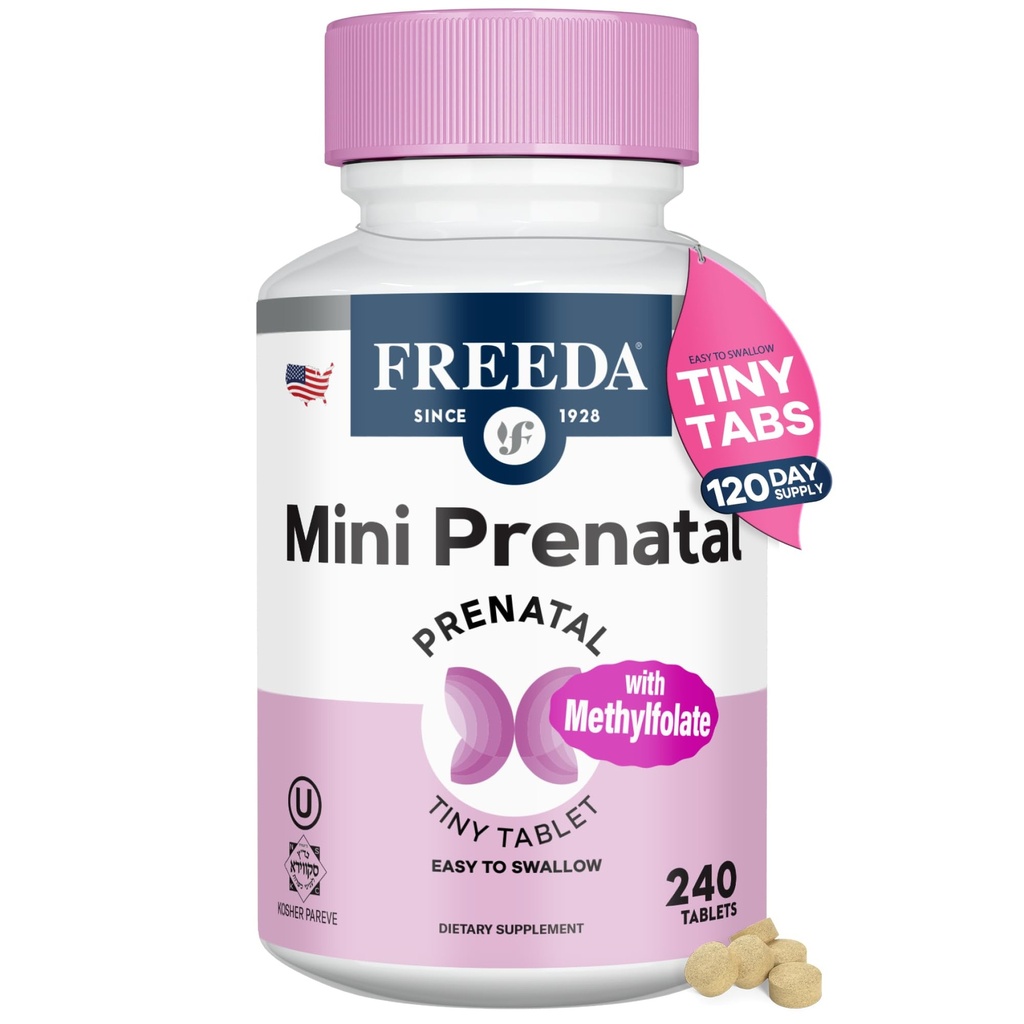 FREEDA Mini Vitamina prenatala - Kosher Prenatals - Tiny Easy to Swallow Tablets - Vitamine prenatale cu fier, Acid folic prenatal/Folat, Vitamina D - Pre Natal Multivitamine pentru gravide (240)