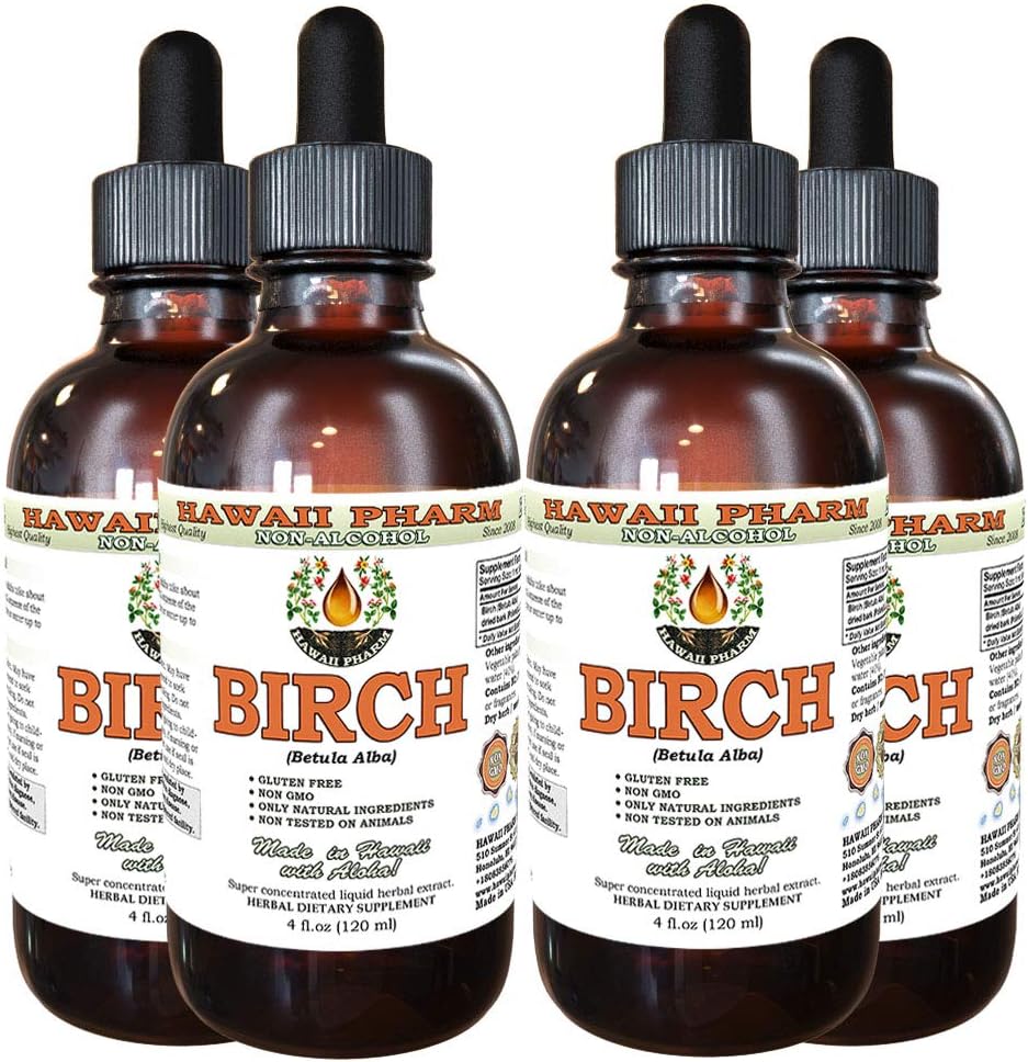 Extract lichid fără alcool Birch, Birch (Betula Alba) Glicerit de scoarță uscată Hawaii Pharm Suplimentul natural de plante 4x4 oz