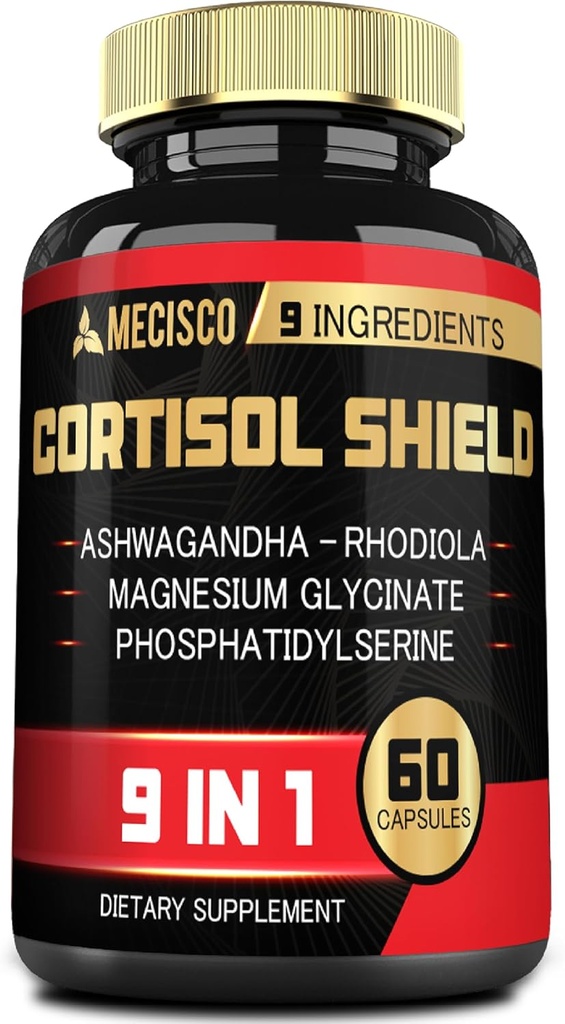 9in1 Cortisol Shield - Ashwagandha & Magneziu Glicinate, Rhodiola, Fosfatidilserină, L-Theanină, Licorice Root, St. John's Wort, Lions Mane - Minte & Mood, Suport de noapte odihnitor - 60 Capsule