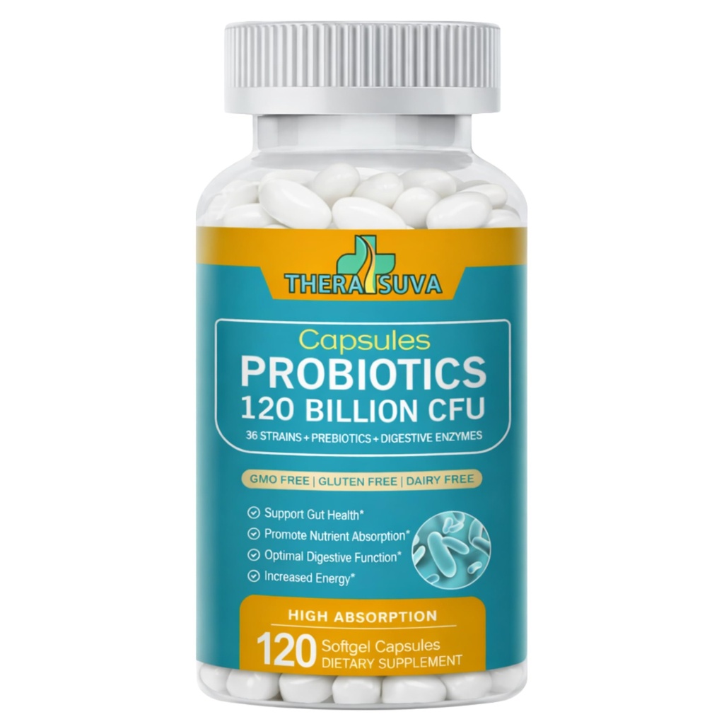Probiotice 120 Miliarde CFU-36 Tulpini + Prebiotice organice + Suplimentul alimentar total natural pentru ultimul suport de sănătate Gut- 120 Softgels, 60 de zile de aprovizionare