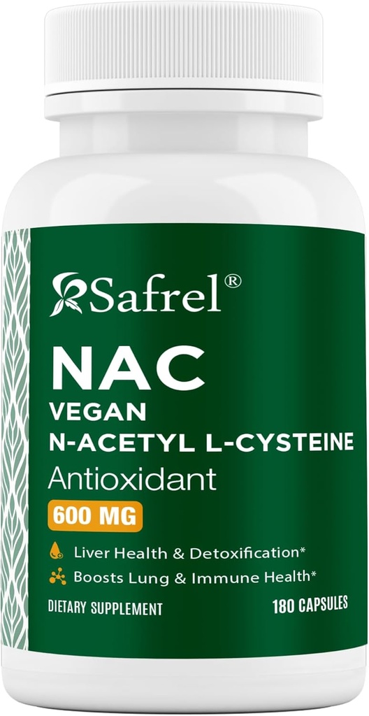 Safrel N-Acetyl-L-Cysteine (NAC) Capsule, 600 mg, 180 Conte, Respirator, Immun, Instrument antioxidant de sănătate hepatică Potent, Radicale Gratuite, Ușor de absorbit, Non-GMO, Gluten Free
