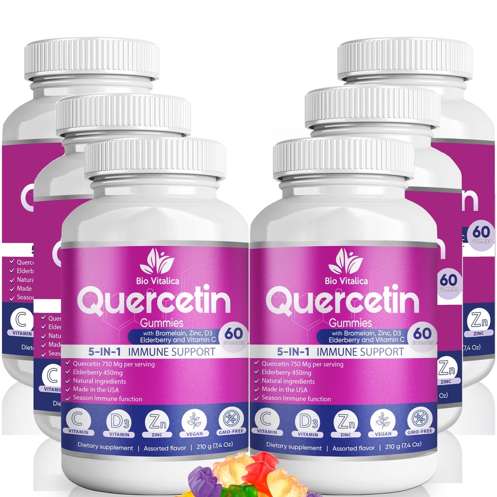 Quercetin Gummies by BioVitalica - Querbetin with Bromelain Vitamina C and Zinc & Elderberry + Vitamina D3-5 in 1 Immune Support - Zinc Querbetin 750 mg for Kids and Adult (6, Querbetin)