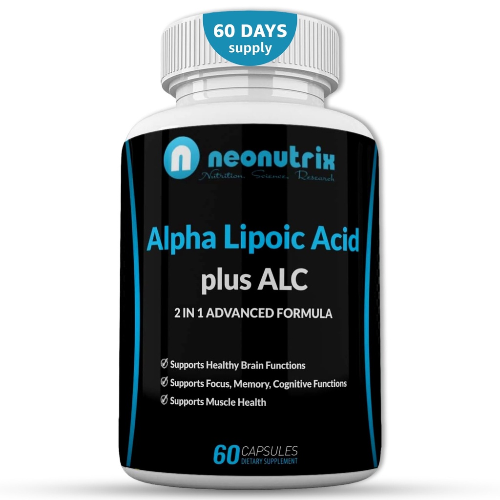 Alpha Lipoic Acid Plus Acetil L-Carnitină Antioxidant Supliment ALA ALC pentru funcţie cerebrală sănătoasă şi forţă musculară, focalizare, memorie şi funcţie cognitivă pentru femei şi bărbaţi - 60 capsule de Neonutrix