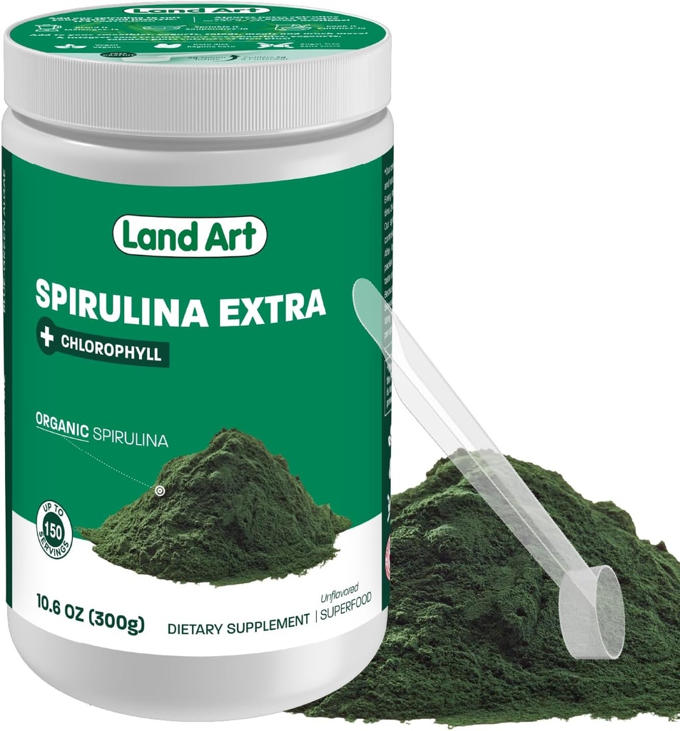 Land Art Certified Organic Fresh Spirulina Extra Powder 300g - Îmbunătățit cu Clorofila Biodisponibilă Adăugat - Nearomat - Clean Source - 3rd Party Tested - Measuring Spoon Inside