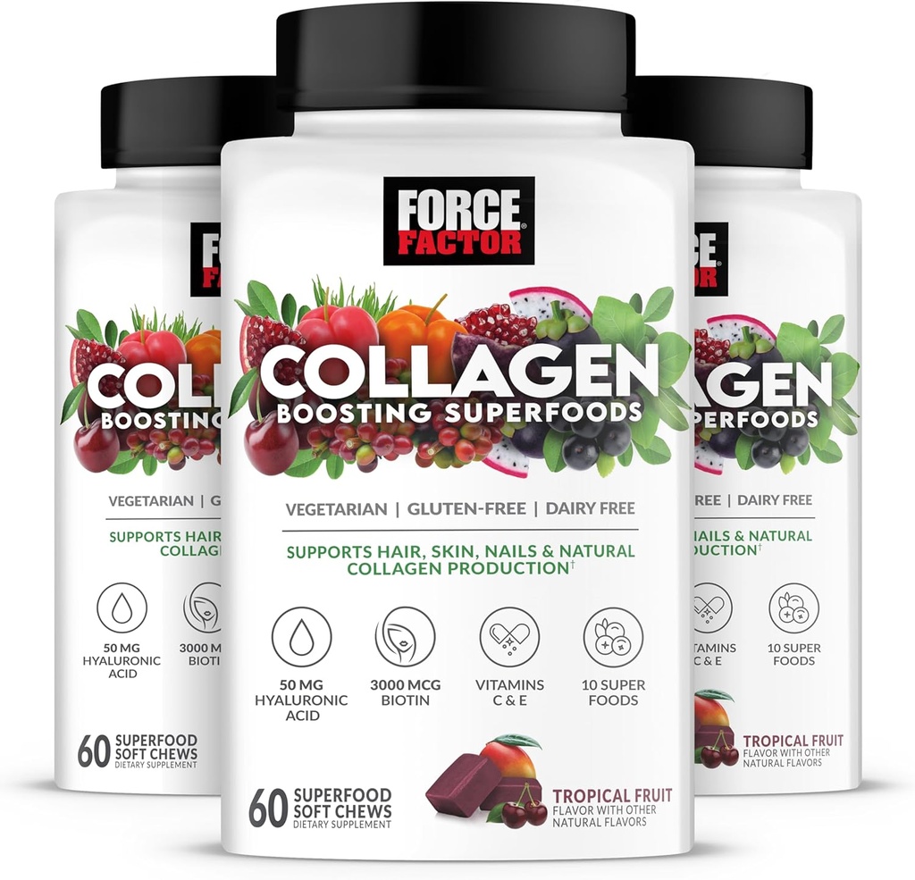 Force FACTOR Colagen Boosing Superfoods, Vegan Colagen Booster pentru femei, Cu Biotin, Acid hialuronic, și vitamina C, pentru păr, piele, unghii, & suport comun, fructe tropicale, 180 Chews moale, 3-Pack