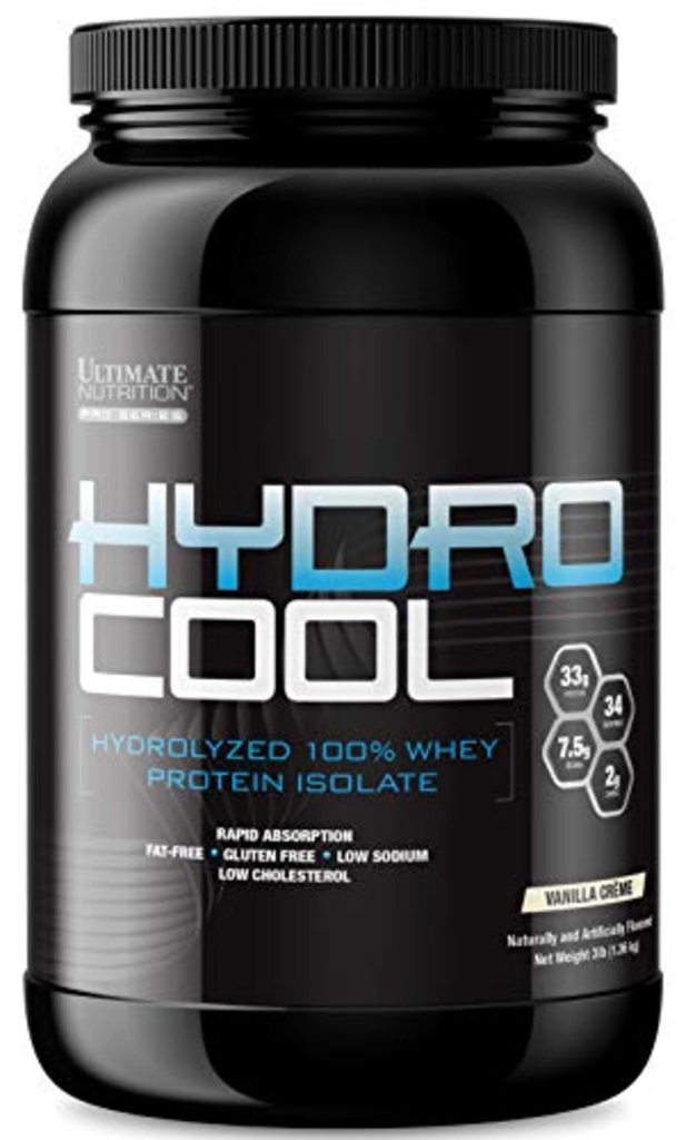 Ultimate Nutrition HydroCool Hidrolyzed Whey Proteine Izolate Pulbere fără balonare - Fat and Gluten Free, Rapid Absorbtion, 33 Grams de proteine, Vanilie, 3 Lire