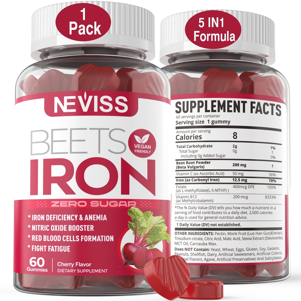 Sfeclă Root Gummies cu fier, metil B12, Folat, vitamina C - Creșterea oxid de azot și niveluri de fier, suport energetic, Lupta oboseala, Beetroot & Gentle Supliment de fier, Sugar Free, 60 Counts
