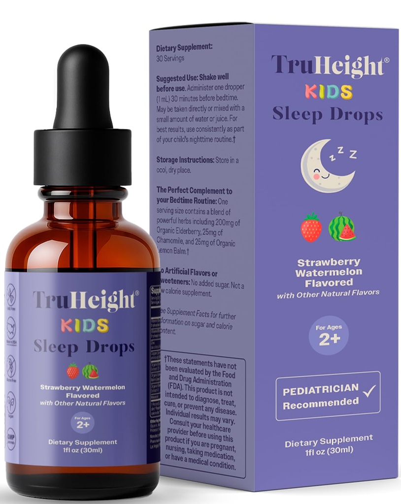 TruHeight Kids Sleep Tincture Ages 2+ (Watermelon Flavor) - Bebelusi, Toddles & Kids Natural Sleep Aid - Baby, Toddler, Child Melatonin 2 Year+ - Vitamina B6, Riboflavin, Zinc, Copper, Lemon Balm