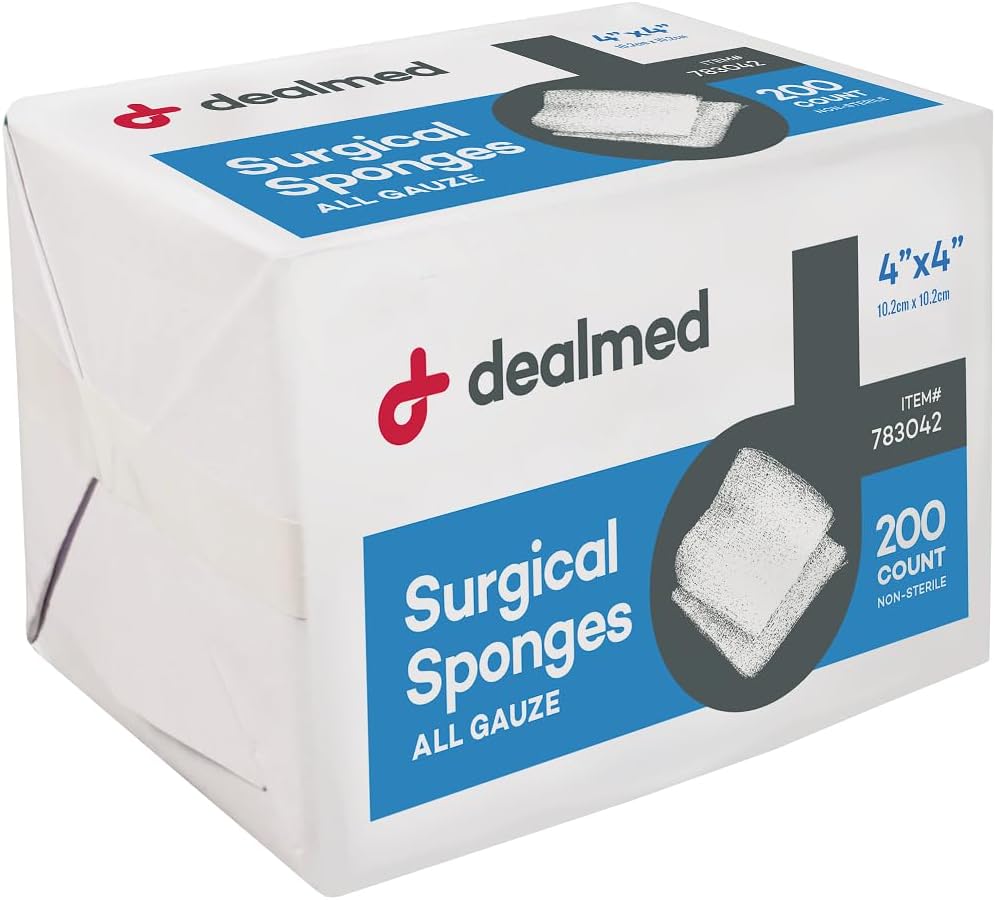 Dealmed 4" x 4" Bureți chirurgicali, 8-Ply, Spongee anti-Woven pentru îngrijirea rănilor, Kituri de prim ajutor și facilități medicale, 200 Conte (Pachet de 1)