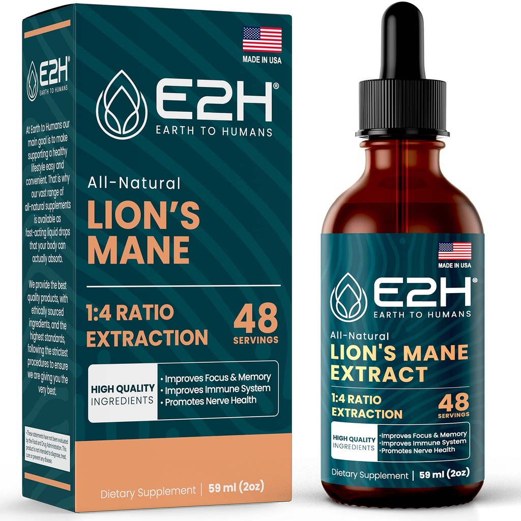 Lions Mane - Lions Mane Supliment - Promoveaza Claritatea mentala, Memorie & Focus - Lions Mane lichid pentru suport imunitar - Mushroom Tinctura - 2 Fl Oz de E2H