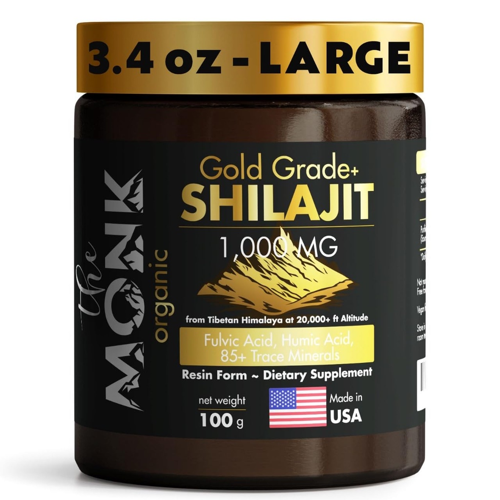 Organic Himalayan Shilajit Resin cu acid fuzelian, acid humidic, 85+ Minerale- Gold Grad Plus - 100g, 1000 mg Per Serving - Energie, Rezistenta, Brain Support - Made in the USA