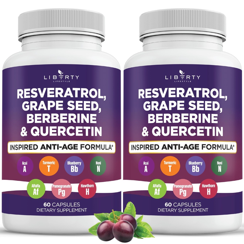 Resveratrol, Berberine, extract de semințe de struguri, Querbetin, Supliment polifenol pentru femei și bărbați cu extract Noni, N-Acetyl Cysteine, extract Acai - 2-Pack