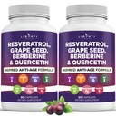 Resveratrol, Berberine, extract de semințe de struguri, Querbetin, Supliment polifenol pentru femei și bărbați cu extract Noni, N-Acetyl Cysteine, extract Acai - 2-Pack