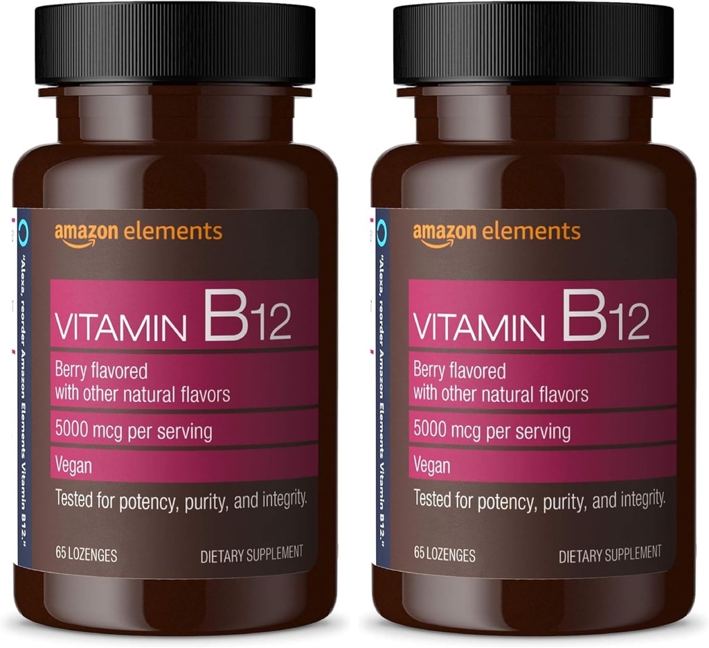 Amazon Elements Vitamin B12 Methylcobalamin 5000 mcg - Normal Energy Production and Metabolism, Immune System Support - 2 Month Supply, Berry Flavored Lozenges, 65 Count (Pack of 2)