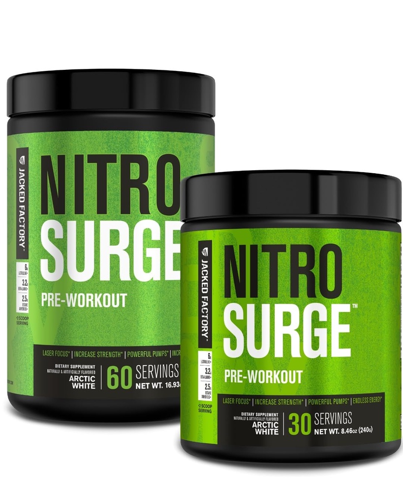 Fabrica Jacked NITROURGE Suplimentul de pregătire - Energie fără sfârșit, câștiguri de rezistență instantanee, Focalizare clară, Pompe intense - NO Booster & Powerful Preworkout Pulbere de energie - 90 Servings, Arctic White