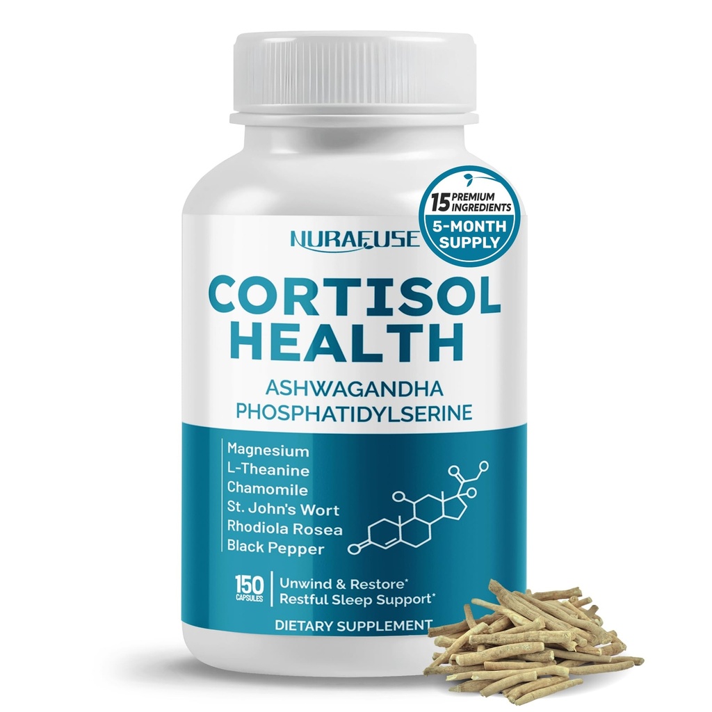 CORTISOL Health Ashwagandha 15-in-1 Supliment cu magneziu Fosfatidilserină L-Theanină Mușețel Rhodiola Rosea Licorice Sfântul Basil - Made in the USA