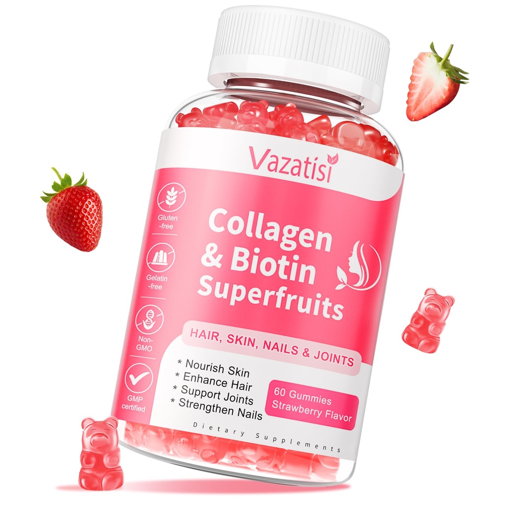 Gume de zahăr gratuit Colagen pentru femei, Multi Colagen Peptides Gumies Tip I II III V X cu vitamina de biotină A B C D E pentru unghii de piele păr, aromă de căpșuni, 60 Conte
