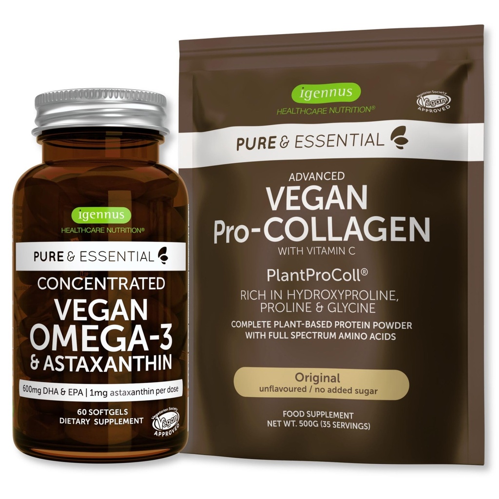 Pure & Essential Vegan Colagen Peptide Pudră de proteine & Vegan Omega 3 Bundle, Colagen complet Boosing Formula & Sustainable Algae Oil 1340mg, de Igennus